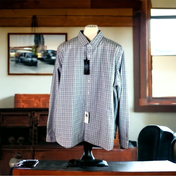 Bloomingdale's The Men's Store Grey Checked Button Up Shirt Cotton Stretch 2XL - Picture 2 of 8